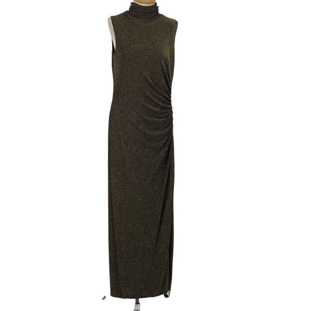 LAUREN Ralph‎ Lauren Women Mock Neck Gown Cinch Sleeveless Metallic Gold Size 16